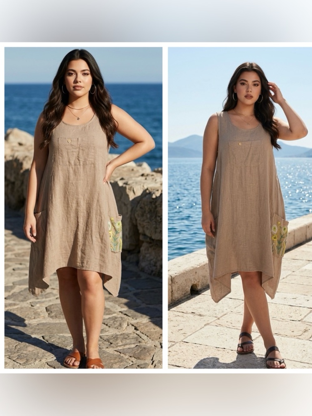 Gudrun Sjoden Women Sz L Tan Cotton   Embroidery pocket Tunic pullover dress